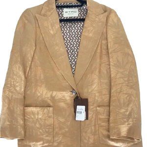 NEW $2150 Etro Womens Blazer! e 42 US 10-12 Linen Silk  Tan Shimmery Leaf Design